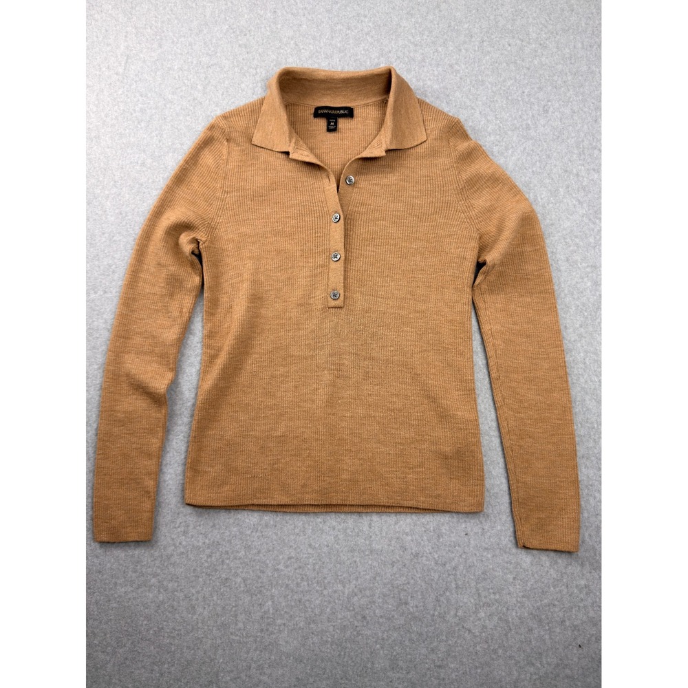 Banana Republic Womens Petite M Camel Brown Merino Wool Ribbed Polo Sweater Top